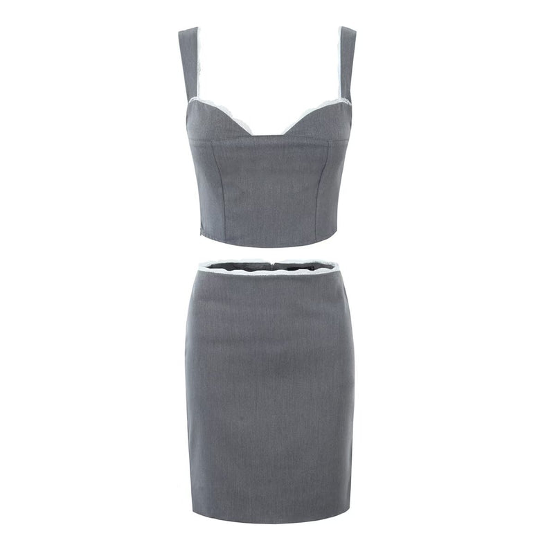 Women Dresses Summer Lace Sexy Sling Lace Mid-Length Dress Set (Xds0414)