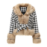 Women Trench Coat Autumn and Winter Plaid Coat Detachable Short Fur Collar Top Houndstooth