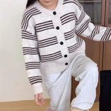 Women Knitwear Autumn and Winter Striped round Neck Sweater Loose Knitted Cardigan