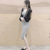 Women Dresses Square Collar Long Sleeve Dress Split Sexy Hip Skirt