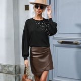 Women Knitted Sweater Autumn Winter Retro Top Bead Long Sleeve Black Sweater