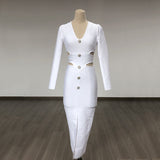 Women Evening Dress V-neck Bandage Dress Long Sleeve Simple Hollow Dress