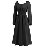 Women Date Dress Slim-Fit Long Sleeve V-neck Lace-up A- line Dress Lantern Sleeve Dress