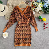 Women Maxi Dress Spring and Autumn Sexy Long Sleeve V-neck Knitted Sheath Dress