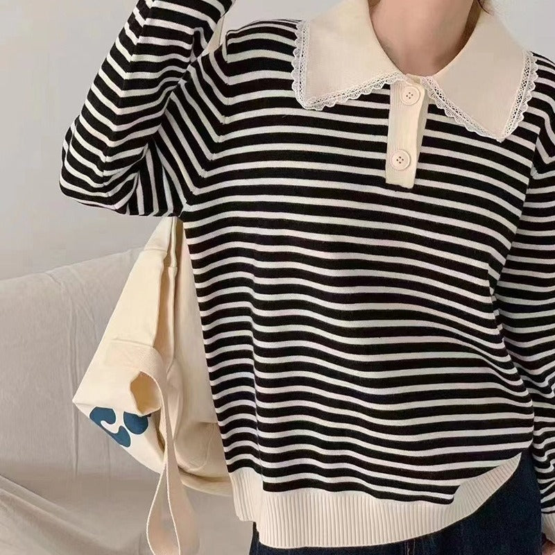 Women Knitwear Autumn and Winter Striped Lapel Knitwear Sweater