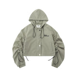 Women Jacket Pleated Drawstring Long Sleeve Hooded Cardigan Coat