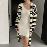 Women Cardigan Sweater Striped Sweater Autumn and Winter Loose-Fitting Long Sleeve Sweater W2361