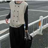 Women Knitted Cardigan Spring Vintage Hemp Pattern Double Breasted Sleeveless Knitted Cardigan