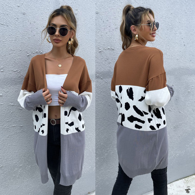 Women Knitted Sweater Fall Long Leopard Splicing Cardigan Knitted Sweater Coat