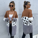 Women Knitted Sweater Fall Long Leopard Splicing Cardigan Knitted Sweater Coat