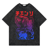 Washed retro T-shirt, chainsaw man cartoon print casual short sleeves