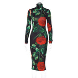 Women Dresse Vintage Printed Dress Turtleneck Long Sleeve Hip Skirt
