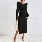 Women Dress Autumn Winter Sexy Backless Crew Neck Long Sleeve Narrow Dress