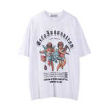 Men Vintage T-shirt Angel Print Men's Short Sleeve T-shirt Washed and Worn round Neck