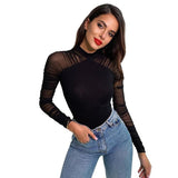 Women Jumpsuit Autumn High round Neck Mesh Long Sleeve Slim Fit Jumpsuit