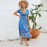 Women Date Dress Floral Dress Short Sleeve V-neck Bohemian A- line Skirt