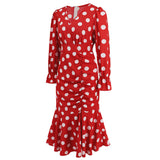 Women Date Dress Autumn and Winter Dress Sexy V-neck Polka Dot Printing Long-Sleeved Fishtail Dress