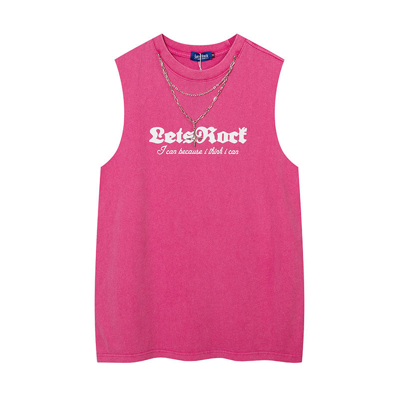 Women Vest Ripped Letter-Printing Necklace Sleeveless T-shirt