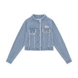 Women Jacket Striped Short Style Coat Autumn Leisure Loose Button Cardigan Top