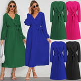 Women Date Dress Sexy Pleated V-neck Dress