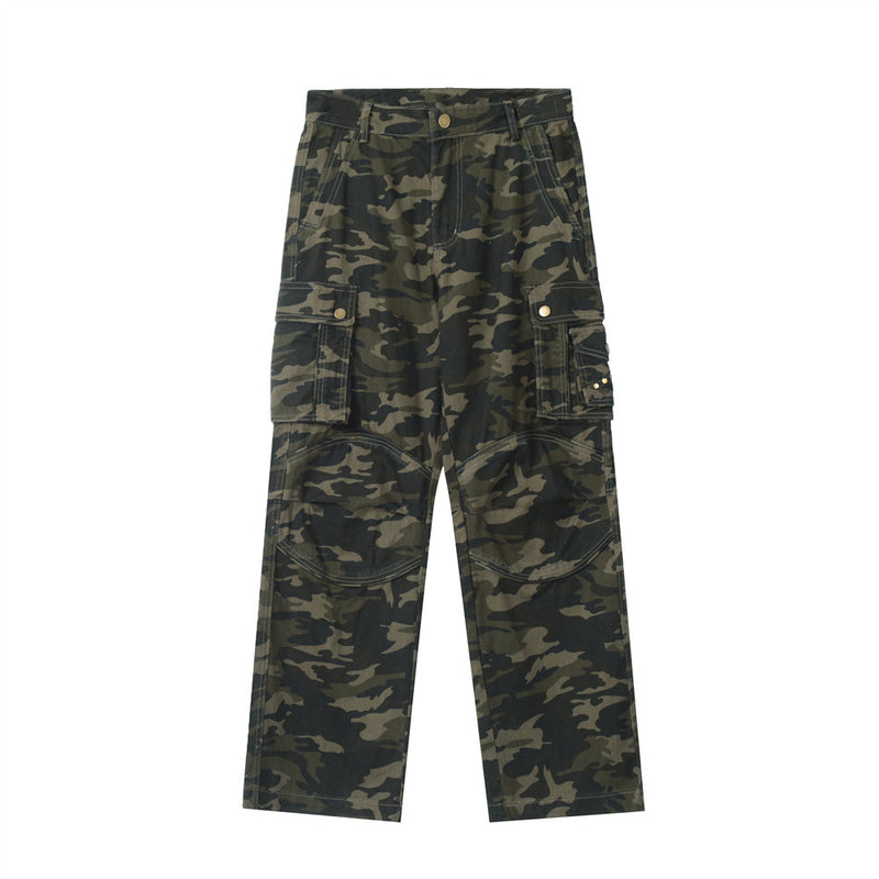 Men Sweatpants Multi-Pocket Casual Straight Trousers Wide Leg Pants