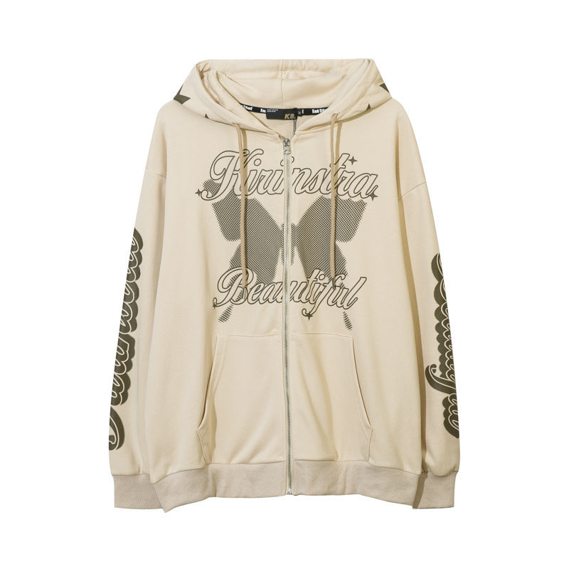 Men Hoodie Butterfly Print Hooded Cardigan Sweater