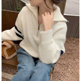 Women Knitted Pullover Loose Sweater Zipper and Lapel Autumn and Winter Knit Casual Top