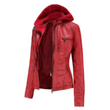 Red Leather Jacket Hooded Leather Jacket Two-Piece Detachable Leather Jacket Women's Spring and Autumn Coat Women's Pu