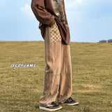 Men Jeans Retro Wide-Leg Pants Chessboard Plaid Jeans