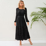 Women Date Dress Autumn Winter Sexy Long Sleeve round Neck Lace Long Dress Dress