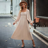 Women Dress Square Collar Long Sleeve Dress