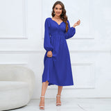 Women Date Dress Slim-Fit Long Sleeve V-neck Lace-up A- line Dress Lantern Sleeve Dress