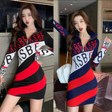 Women Maxi Dress Autumn and Winter Long Sleeve Letter Sweaters Striped Dress