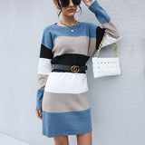 Women Knitted Sweater Autumn Casual Multicolor Long Sleeve Sweater Dress