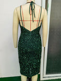 Women Evening Gown Sexy Sling Vintage Green Sequins Dress