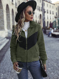 Women Trench Coat Fall and Winter Lapels Pocket Long Sleeve Zipper Color Matching Casual Cardigan Puff Jacket