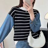 Women Knitwear Autumn and Winter Striped Denim Knitwear Loose Casual Sweater