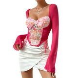 Women Party Tops Sexy Mesh T-shirt Flower Lace-up Long Sleeve Top