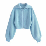 Women Sweater Knitwear Fall and Winter Lapels Zip Sweater Coat