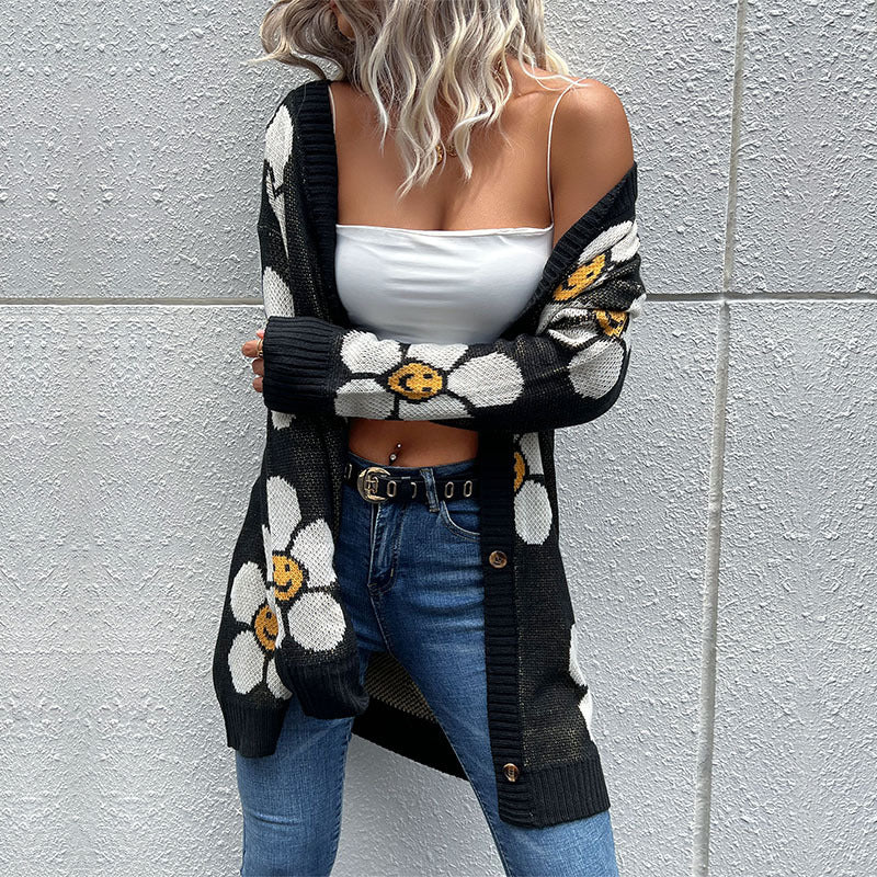 Women Knitted Sweater Autumn and Winter Flower Long Sleeve Sweater Cardigan Mid-Length