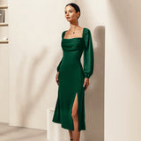Women Dress Autumn and Winter Elegant Square Collar Puff Sleeve Dress