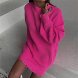 Ladies Leisure Knitwear Loose Solid Color Ripped Sweater round Neck Pullover Long Sleeve Sweater