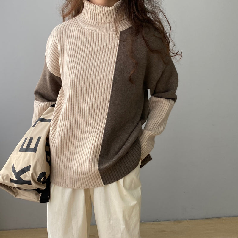 Women Winter Knitted Sweater Autumn and Winter Turtleneck Pullover Retro Loose Knitted Top 8t3099