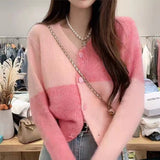 Women Knitted Cardigan for Spring and Autumn Retro Geometric Color Matching Knitted V-neck Single Breasted