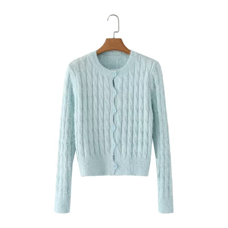 Women Sweater Knitwear Autumn Slim round Neck Single-Breasted Short Sweater