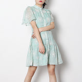 Women Dresses Summer Retro Short Sleeve Dress Stand Collar Single-Breasted Skirt (Qymy0409)