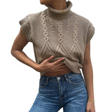 Women Knitted Sweater Autumn Solid Color Short Sleeve Turtleneck Sweater