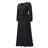 Women Date Dress V-neck Long Sleeve Pleated Dress