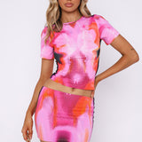 Women Co-Ord Set Sexy 3D Printed Suit Short Sleeve T-shirt Hip Skirt