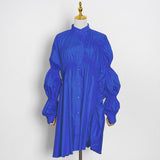 Women Dresses Loose Pleated Shirt Dress Stand Collar Lantern Long Sleeve Dress Women (Qymy0409)